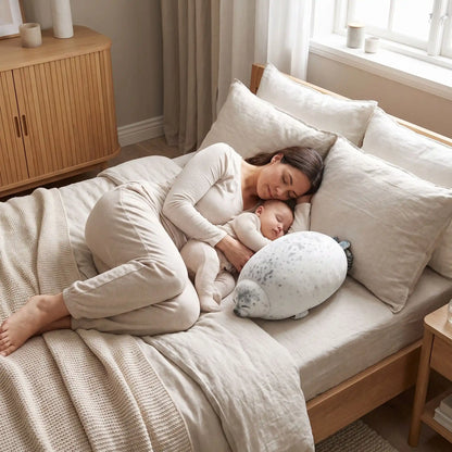 peluche lion de mer maman dort bebe gris