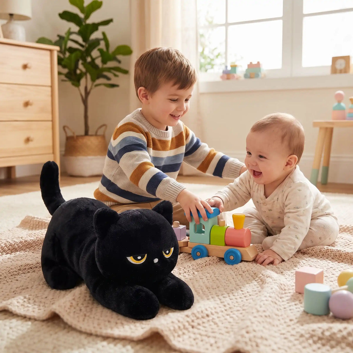 peluche noir chat frere joue bebe