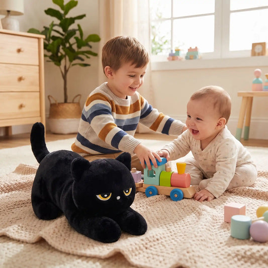 peluche noir chat frere joue bebe