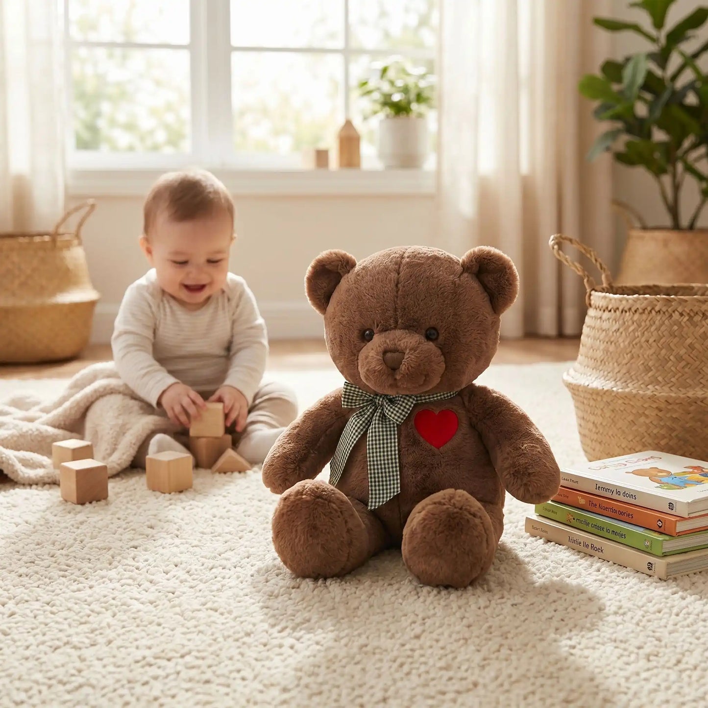 peluche ours tapis assis bebe