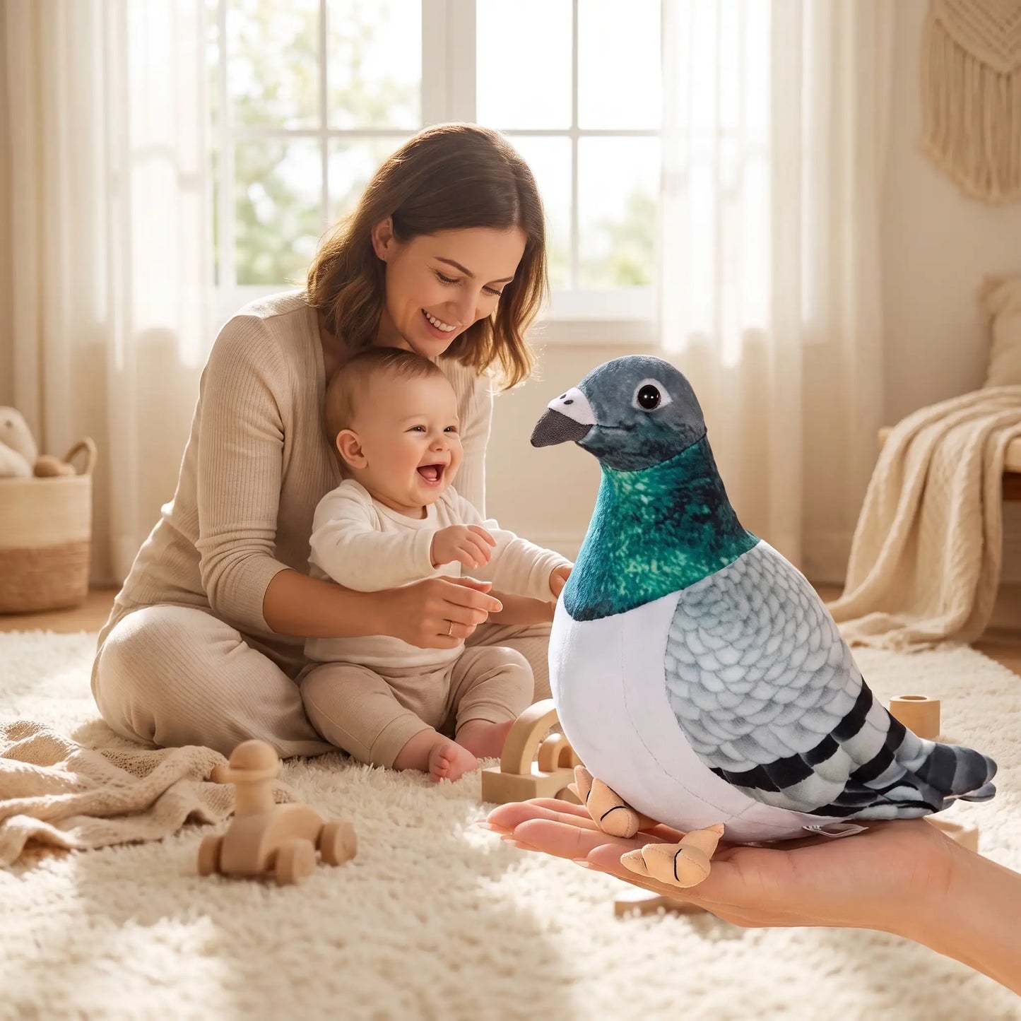 peluche pigeon bebe maman joue assis