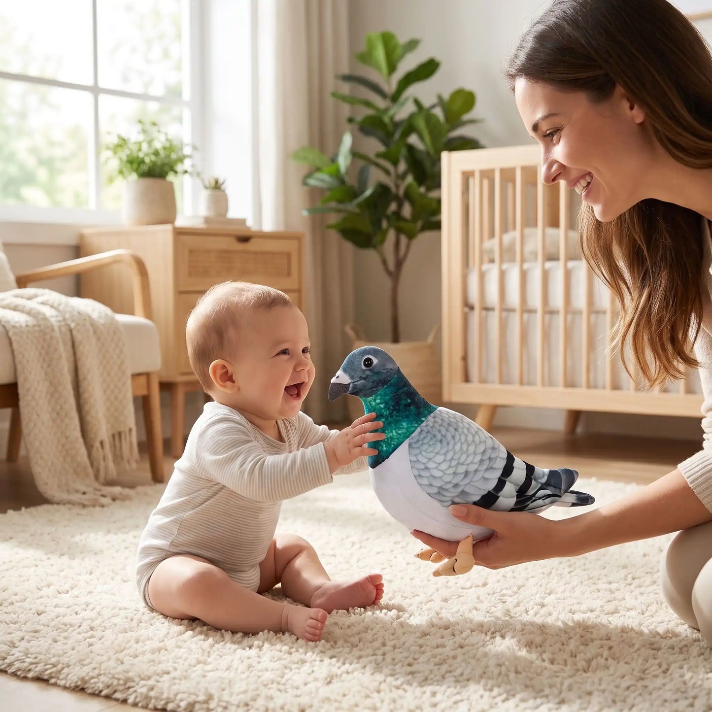 peluche pigeon maman bebe joue