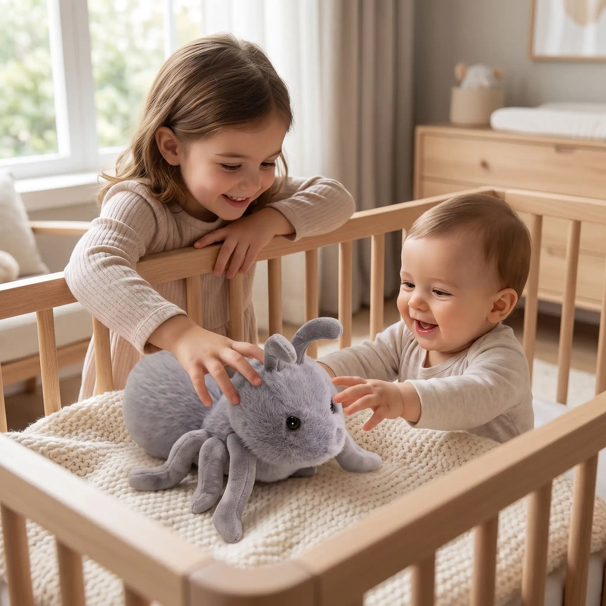 peluche pour bebe fourmi soeur  joue bebe gris