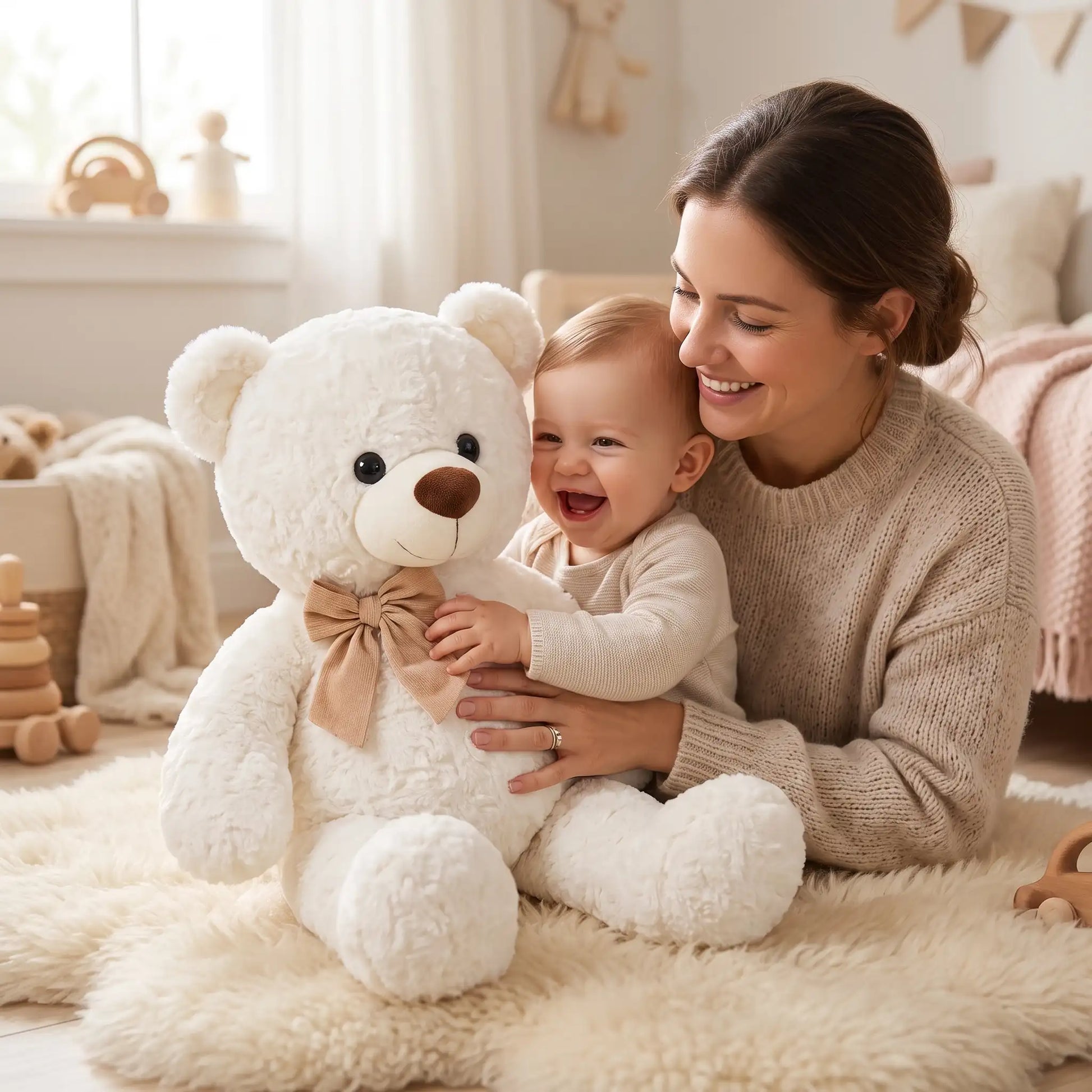 petit ours brun jouet maman joue bebe blanc