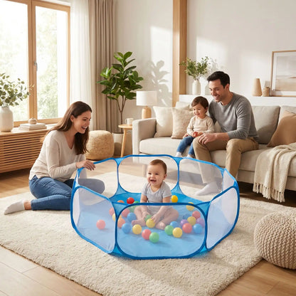 piscine  a balle bleu famille regarde