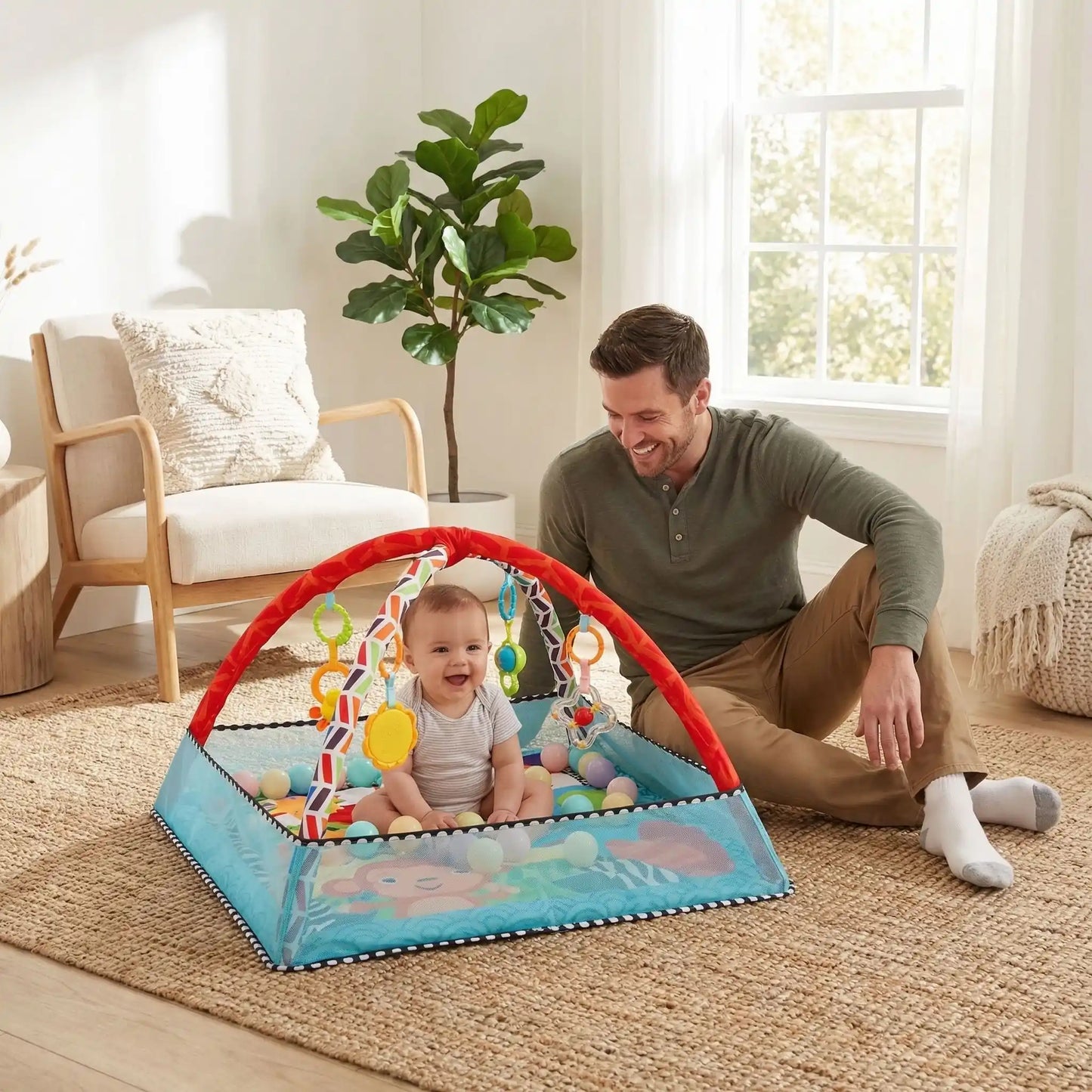 tapis d eveil bebe bleu papa regarde bebe