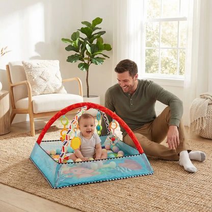 tapis d eveil bebe bleu papa regarde bebe