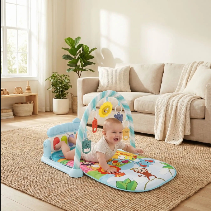 tapis eveil bebe coucher singe bleu