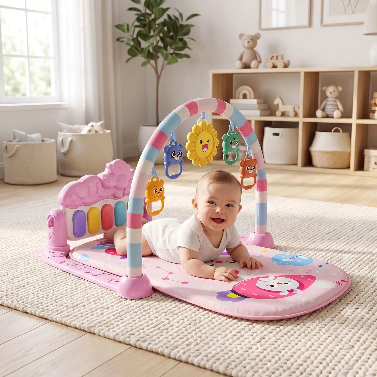 tapis sensoriel bebe joue rose ventre