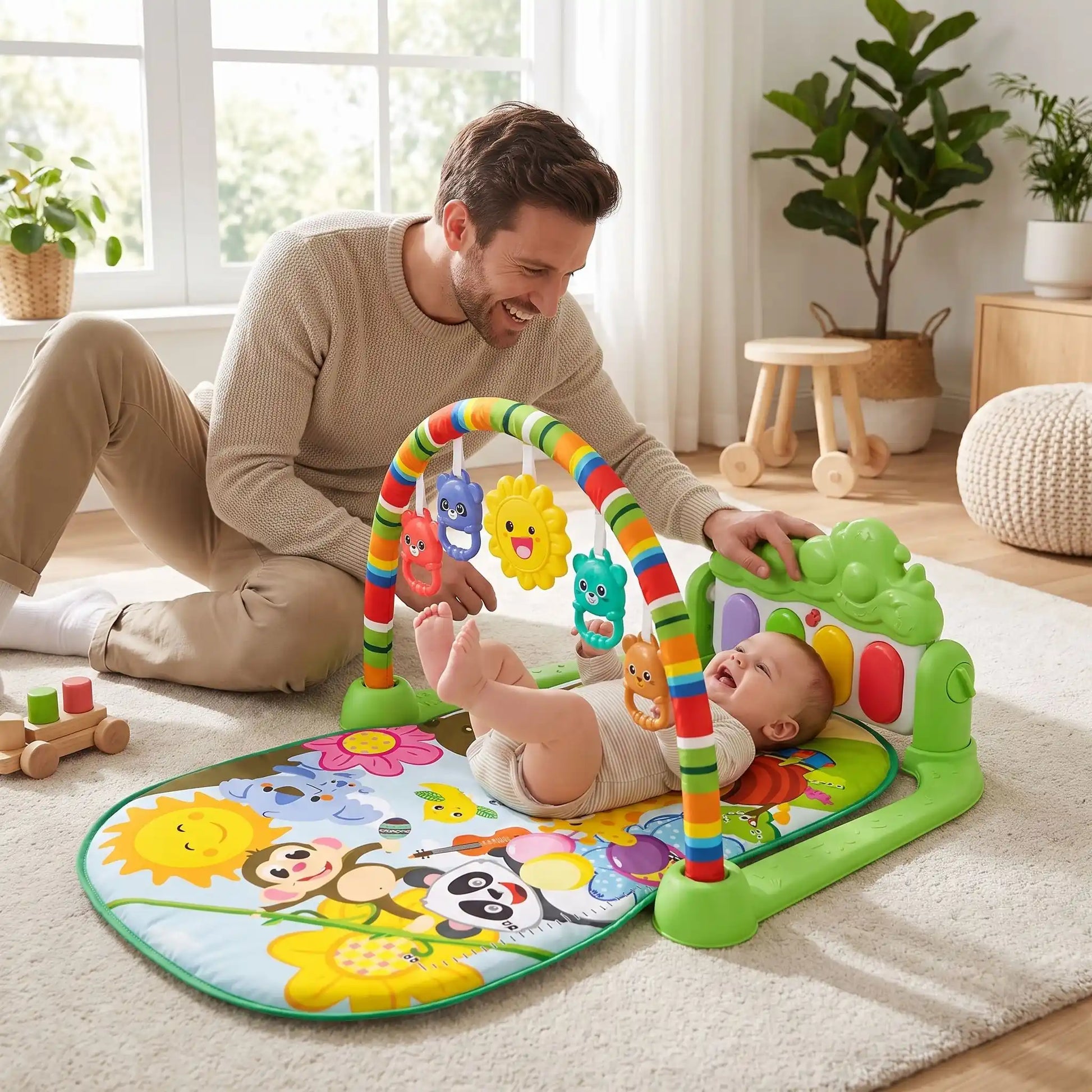 tapis sensorielle bebe eveil papa joue bebe vert