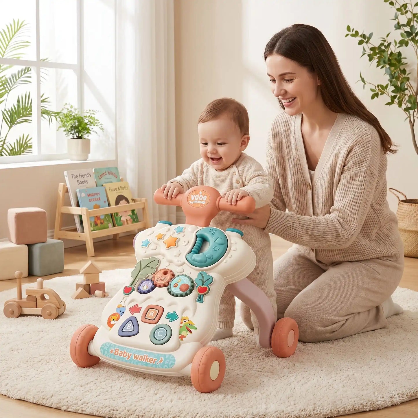 trotteur bebe maman joue assis salon rose bebe