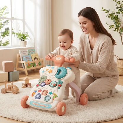 trotteur bebe maman joue assis salon rose bebe