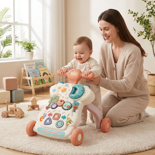 trotteur bebe maman joue assis salon rose bebe