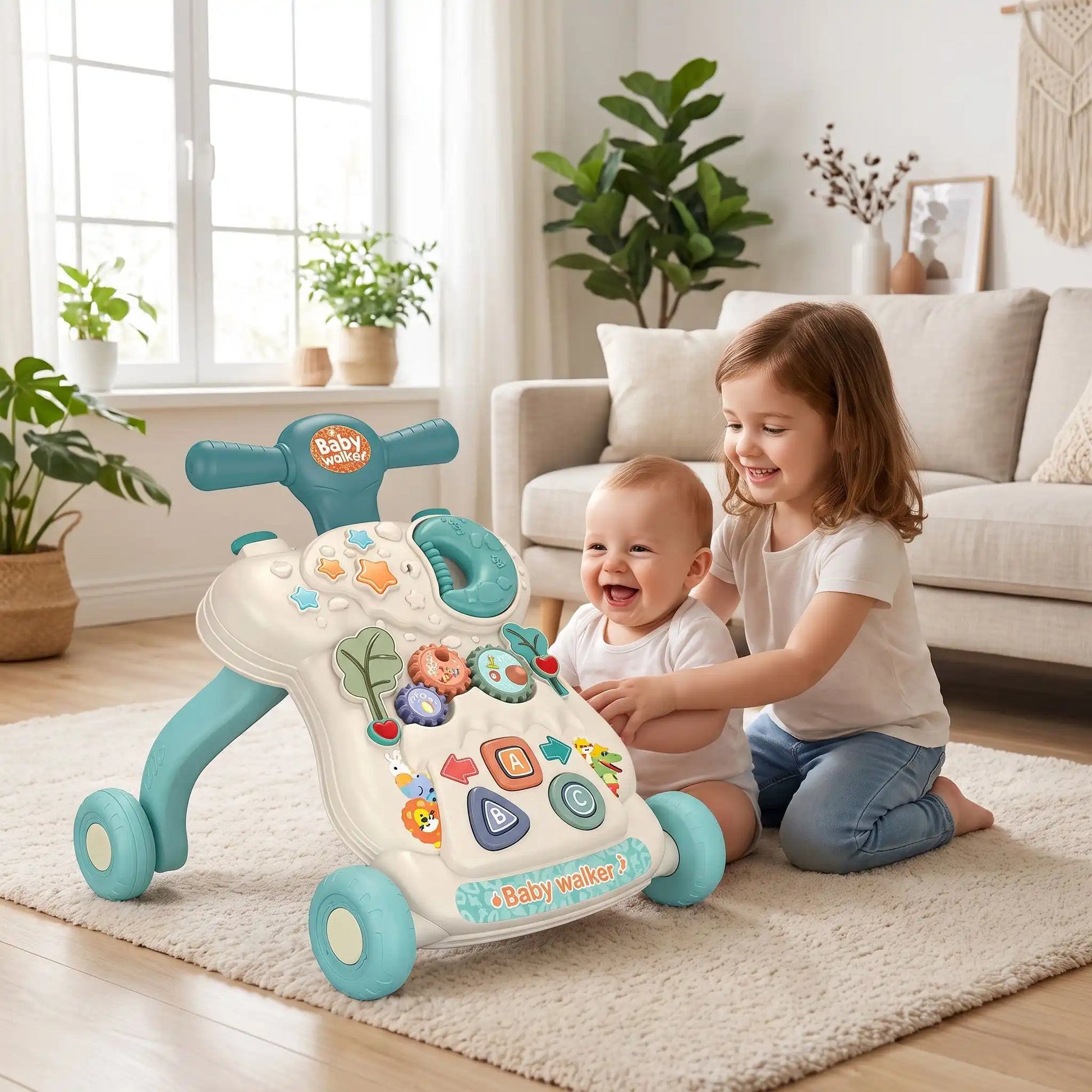 trotteur bebe soeur joue bebe salon assis vert