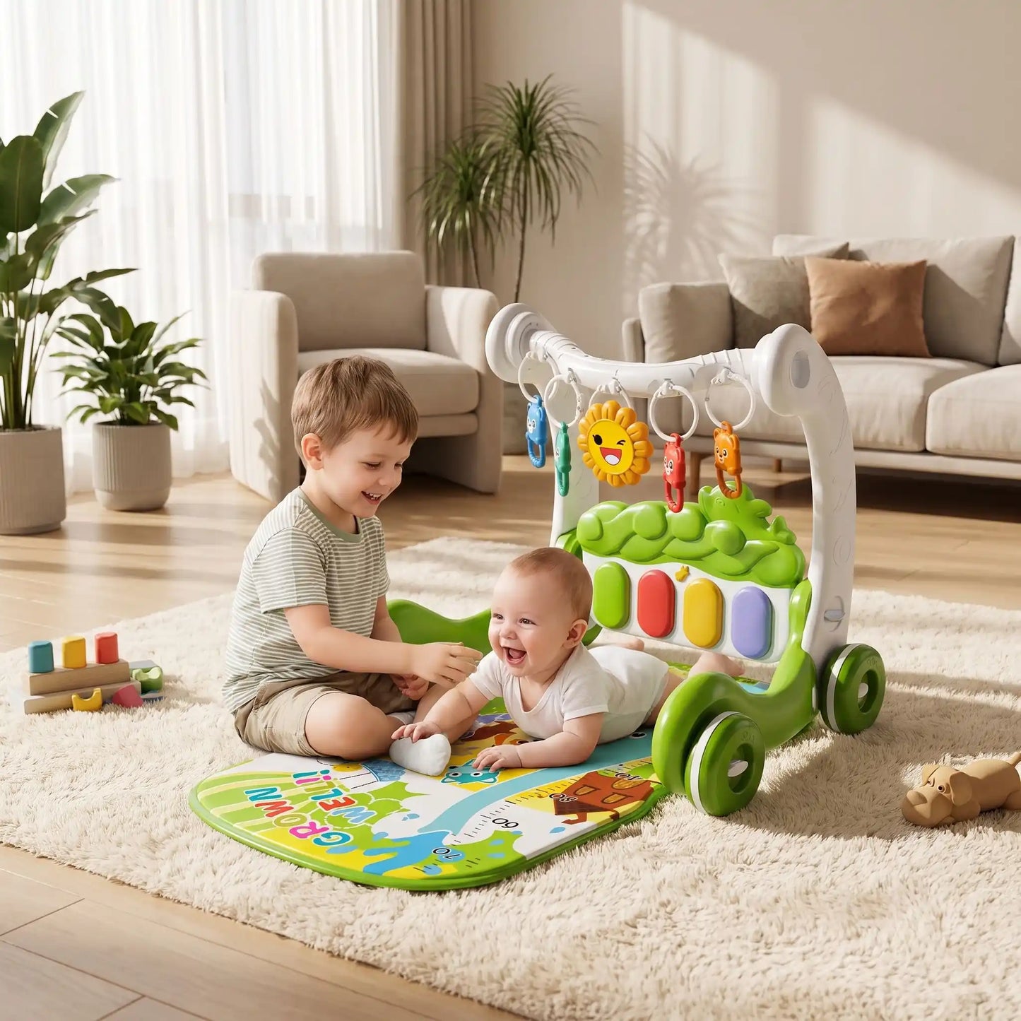 trotteur frere bebe joue salle tapis vert