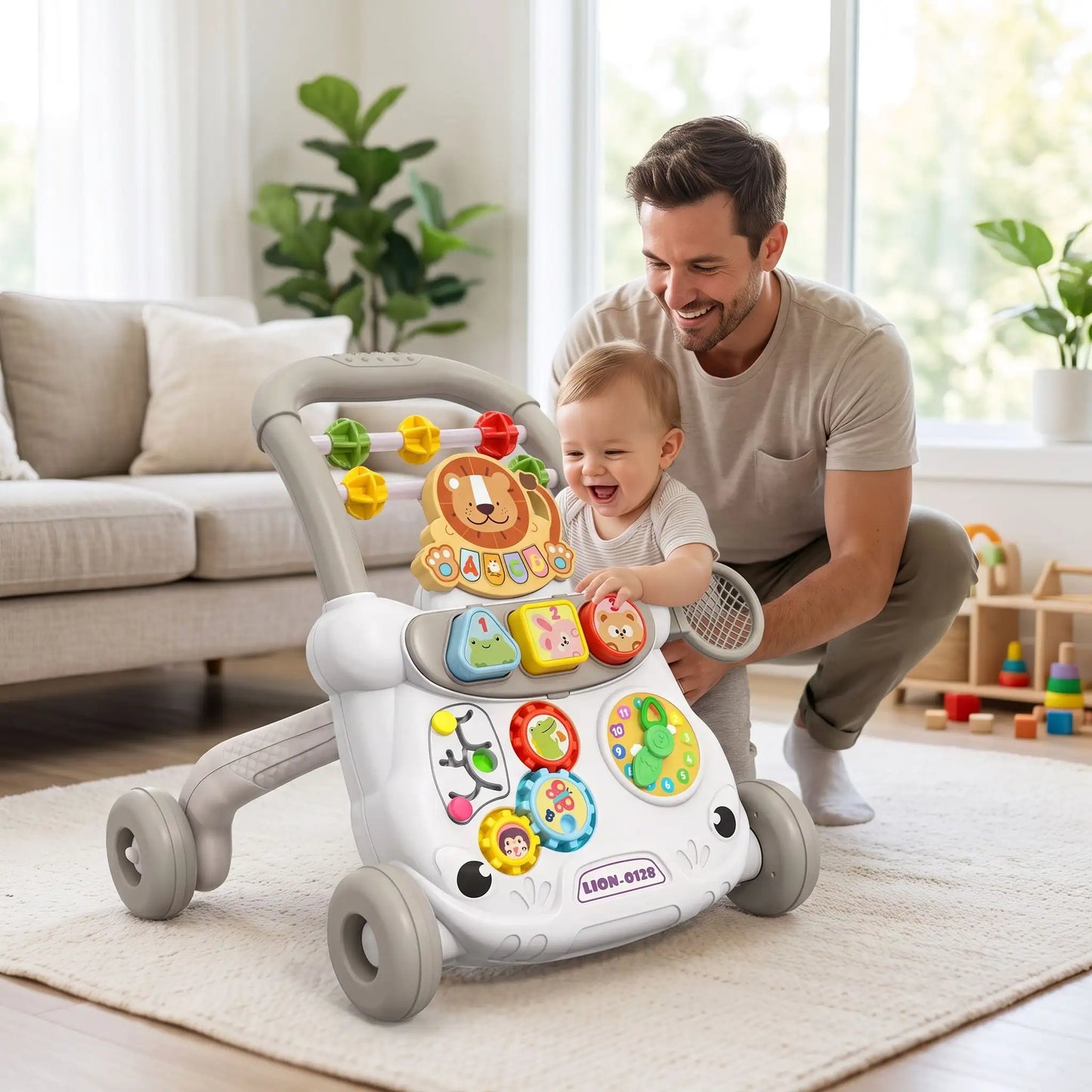 trotteur papa joue bebe salon gris