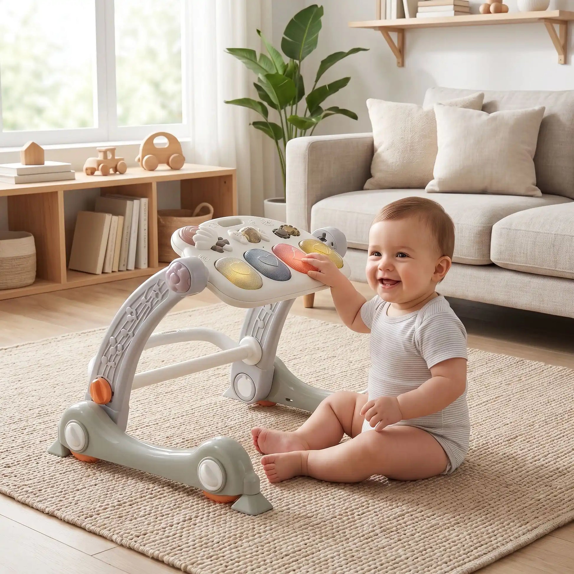 trotteur pour bebe assis joue bebe salon gris