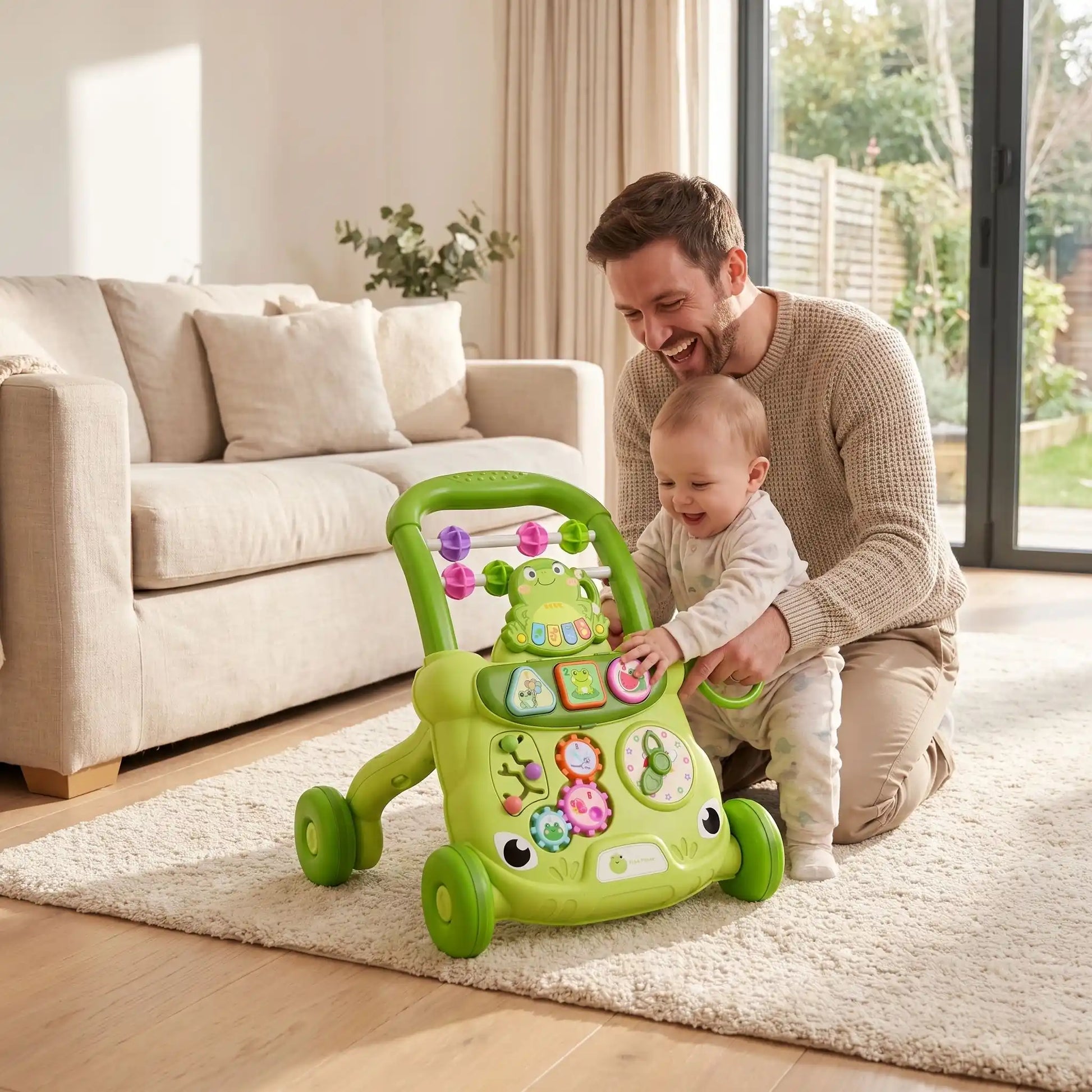 trotteur pour bebe papa joue bebe salon vert
